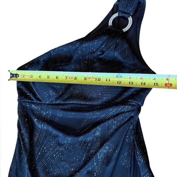 R&M Richards Vintage Maxi Dress One Shoulder Draped Black Silver Sparkle Size 4P - Picture 15 of 16